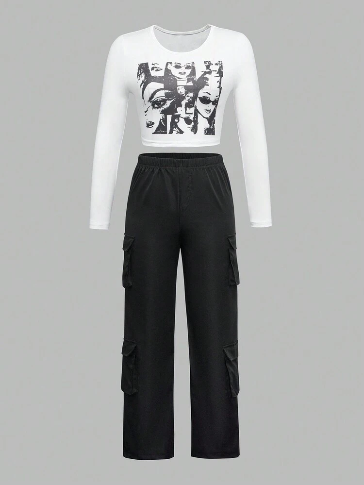 Tween Girl Figure Graphic Tee & Flap Pocket Side Cargo Pants