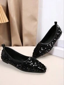 Zapatos de niña de talla 33-41, cómodos zapatos planos con suela blanda, puntera en punta y lentejuelas brillantes para adolescentes, adecuados para primavera y otoño - Negro - Ver 4