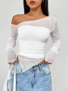 Flirla Camiseta Informal Con Escote Asimétrico Y Empalme De Malla Para Mujer - Blanco - Ver 5