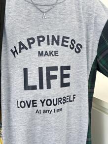 SHEIN Tween Girls' Knitted Color Block Plaid Patchwork Letter Print Loose Fit Casual Dress With Round Neckline