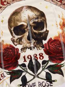 SHEIN ICON Áo ba lỗ in hình đầu lâu chữ cái và hoa hồng cỡ lớn cho nữ vào mùa hè - Màu be - Xem 3