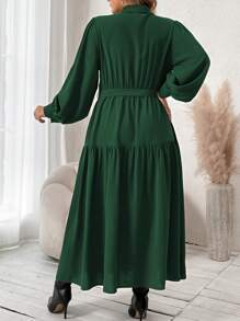 SHEIN Franclia 大碼燈籠袖荷葉邊腰帶襯衫洋裝