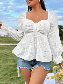 SHEIN SunnyBelle Của phụ nữ Kích thước lớn Lưới Thêu Áo sơ mi Với Người yêu Và Ruffle - trắng - Xem 6