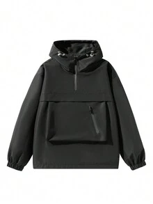 Chaqueta Con Capucha Con Cordón De De Color Sólido Para Hombres - Negro - Ver 1