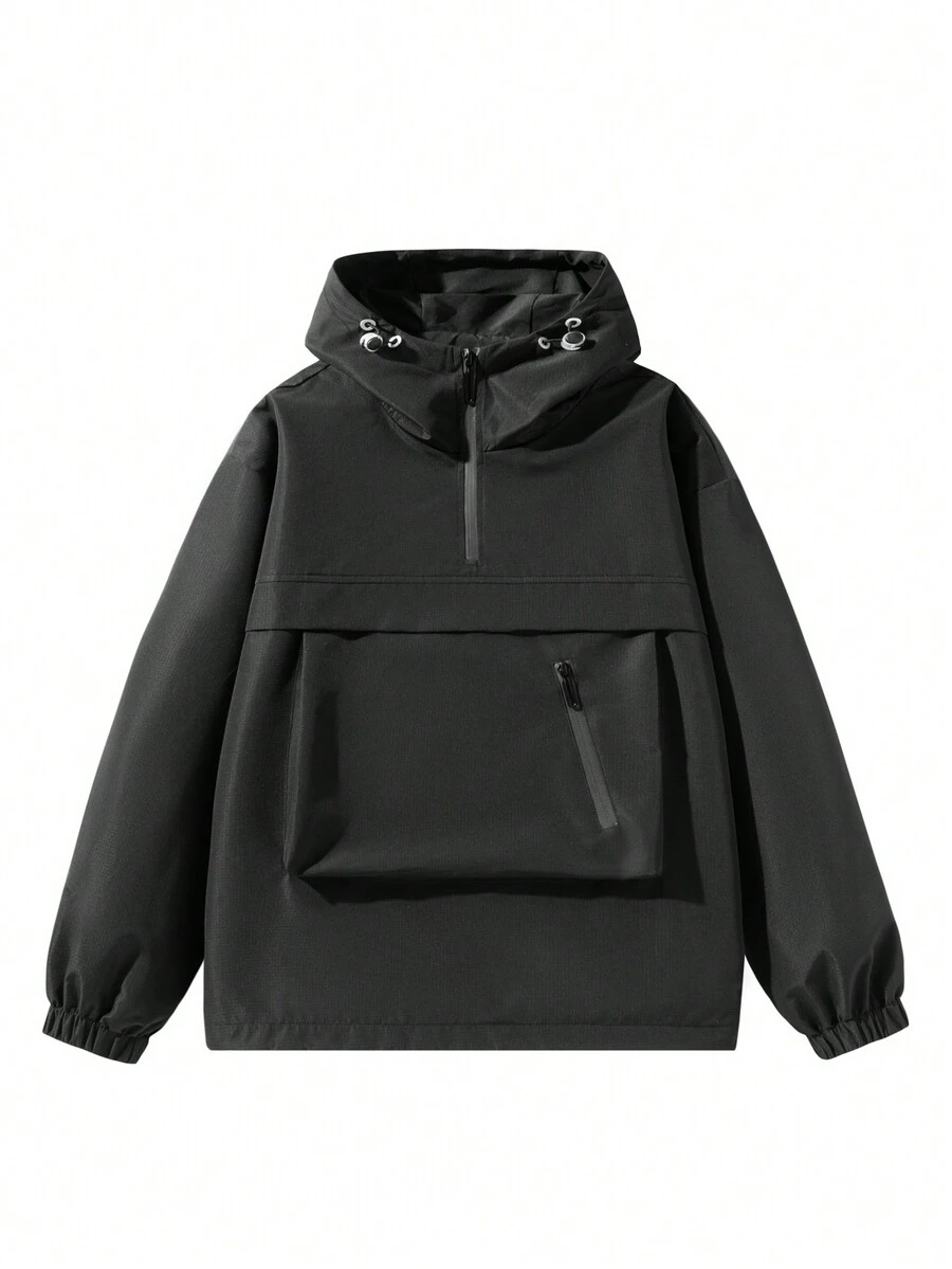 Chaqueta Con Capucha Con Cordón De De Color Sólido Para Hombres - Negro - Ver 1