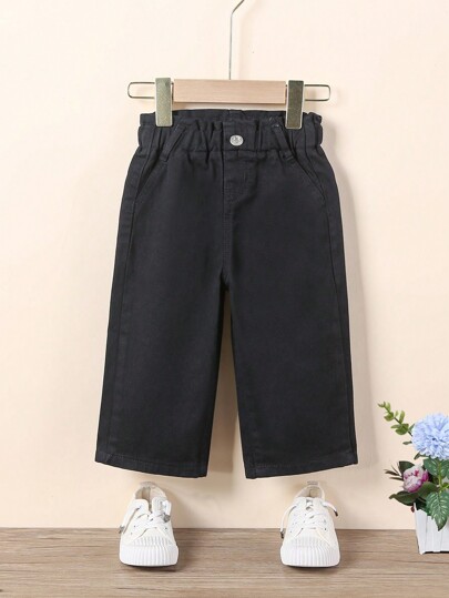 Vintage Loose Fit Wide Leg Denim Pants With Pleated High Waistband For Baby Girls