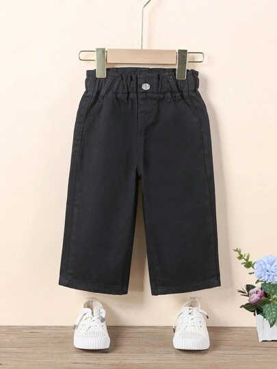 Vintage Loose Fit Wide Leg Denim Pants With Pleated High Waistband For Baby Girls
