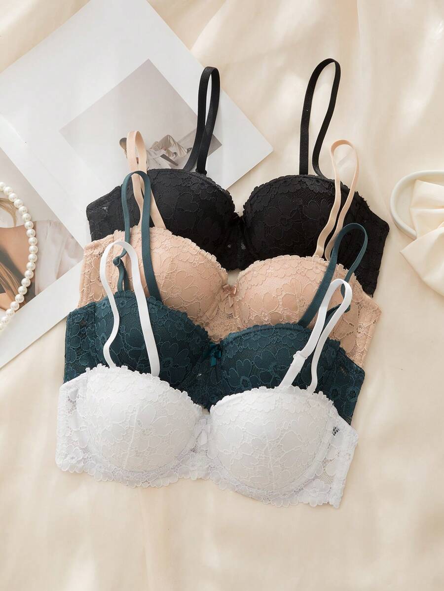 DesireSculpt Women's Bras, 4pcs/Set, Half Cup, Sexy Lace, Multicolor Lingerie - Multicolor - View 1