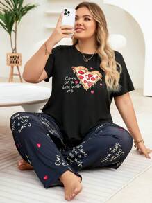 女性加大碼薄餅印花t恤和褲子睡衣套裝 - 黑色 - 查看 1