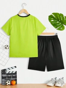 SHEIN Cậu bé Tween Lá thư In Phù hợp Thể thao Áo thun Quần short Quần áo thể thao Bộ - màu xanh lá - Xem 8
