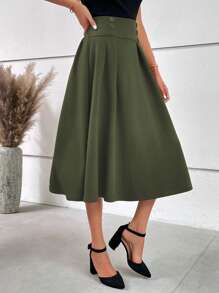 Ellevyn Women's Solid Color Pleated Button Detail Skirt - Army Green - View 8