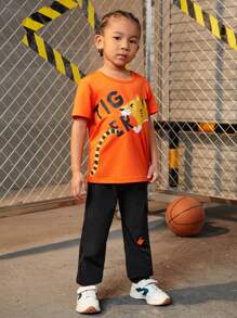 SHEIN Explorewe Young Boy Cartoon & Letter Printed Short Sleeve T-Shirt And Pants Set - Multicolor - View 4