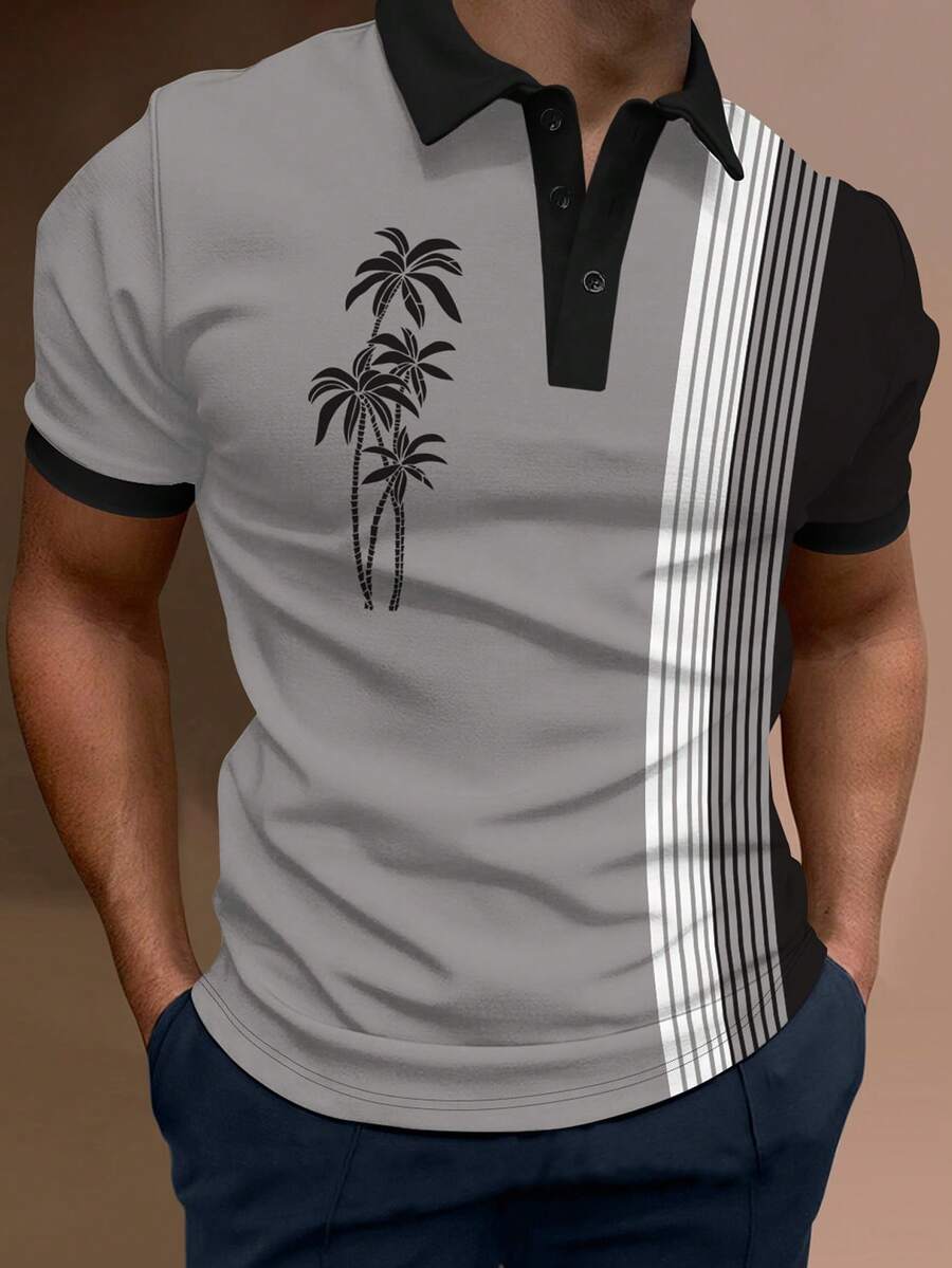 Manfinity Homme Men'S Palm Tree Stripe Short Sleeve Polo Shirt - Grey - View 1