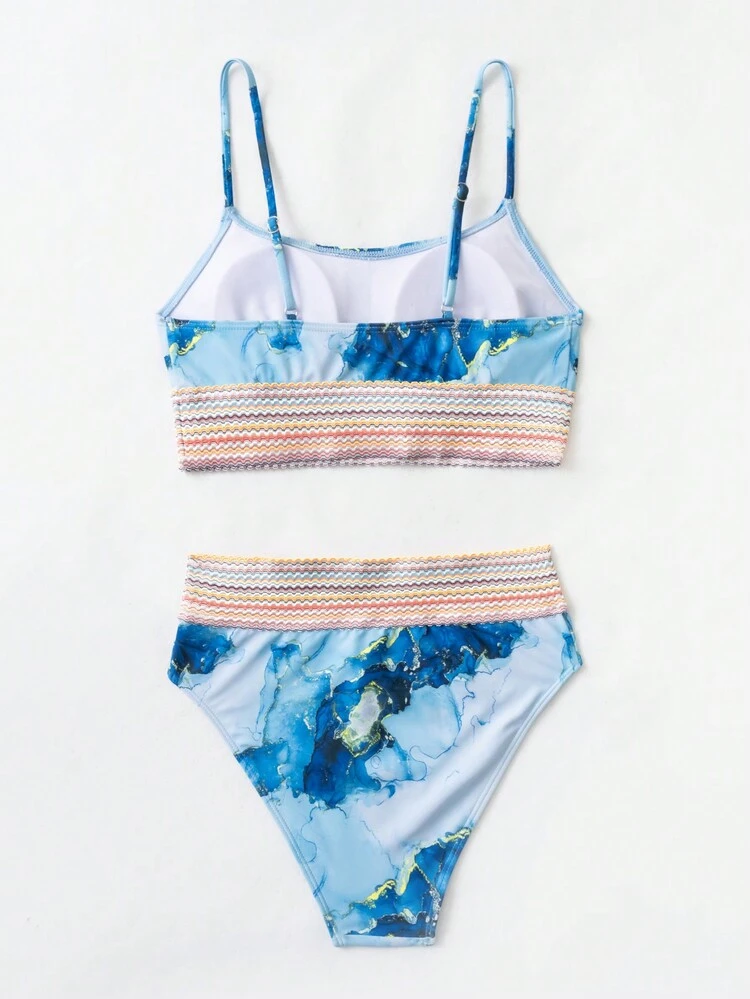 Women'S Marble Print Splicing Strap Swimwear Set Summer