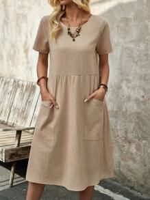 EMERY ROSE Vestido Manga Curta de Gola Redonda para Primavera Feminino com Bolsos e Estampa de Boneca - Damasco - Visão 1