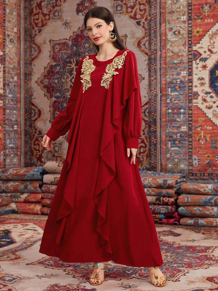 Burgundy Red Women's Floral Decor Lantern Sleeve Modest Full Length Arabian Style Jalabiya Dress