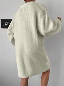 EURMUSE Drop Shoulder Ribbed Knit Sweater Dress - White - View 2