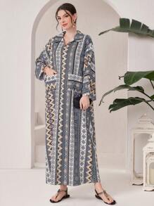 Al Najma Geometric Printed Batwing Sleeve Dress Kaftan Jalabiya Dress - Multicolor - View 1