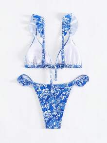 Women's Bikini Set With Random Printed Pattern, Flouncing And Edge-Locking Design For Sexy Beach Wear In Summer Carnival - Blue and White - View 4