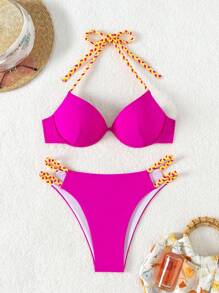 SHEIN Swim Bộ đồ bơi nâng ngực cho nữ kèm vòng thép Lễ hội âm nhạc mùa hè - Màu Hồng Tươi - Xem 3