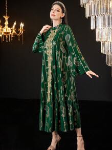 Al Najma 女士烫金印花刺绣荷叶边长款 Jalabiya 连衣裙，优雅晚会礼服