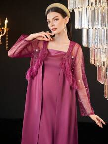 Modelyn Bộ áo khoác lưới dài tay đính sequin và váy hai dây cho nữ Bộ 2 món - Đỏ - Xem 6