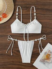 SHEIN Swim 女士纯色吊带比基尼套装 嘉年华夏季 - 白色 - 查看 4