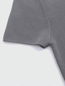 Camiseta corta de punto de costilla de unicolor y versátil informal - Gris - Ver 4