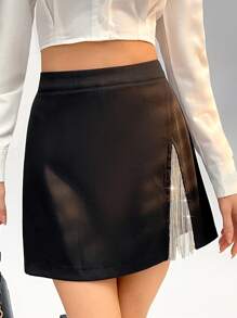SHEIN Privé Falda Con Abertura Asimétrica Y Decoración De Diamantes De Imitación Brillantes - Negro - Ver 3