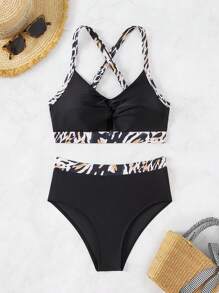 SHEIN Swim 女式印花拼接后背交叉分体比基尼套装夏季海滩 - 彩色 - 查看 3