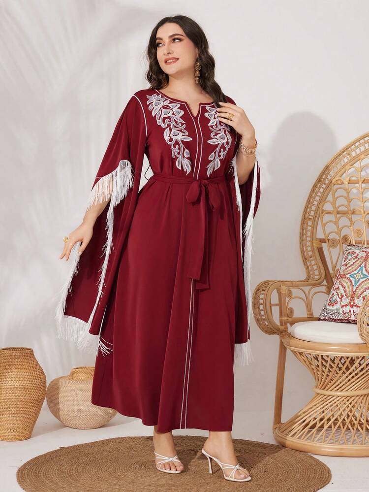 Burgundy Red Plus Size Women's Arabian Clothing With Botanical Pattern Patchwork And Tassel Hemline