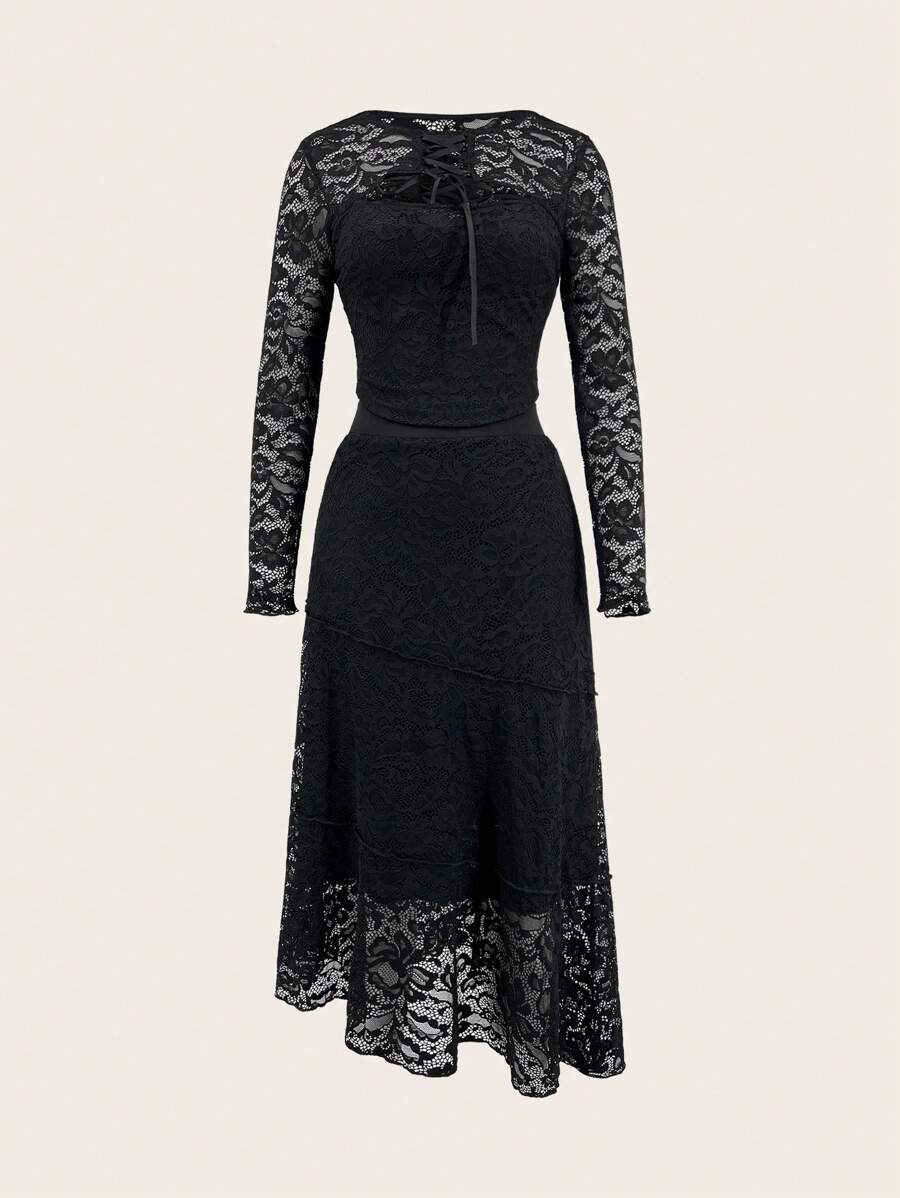 SHEIN Unity 女蕾絲拼接優雅休閒套裝 - 黑色 - 查看 1