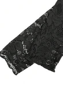 SHEIN Unity 女蕾絲拼接優雅休閒套裝 - 黑色 - 查看 4