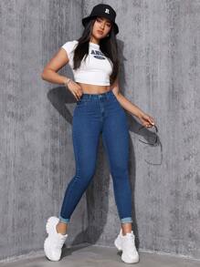 SHEIN ICON 修身款休閒丹寧褲 - 中等水洗藍 - 查看 3