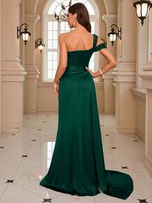 单肩及地长绸缎礼服，优雅舞会晚宴婚礼宾客礼服，适合毕业典礼、晚宴 - 墨綠色 - 查看 3