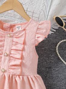 SHEIN Young Girls' Short Sleeve Embossed Dress With Ruffle Trim