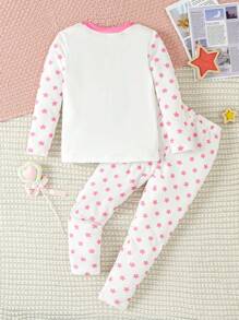 Young Girl Star Patch Cartoon Print Snug Fit Pajama Set - White - View 2