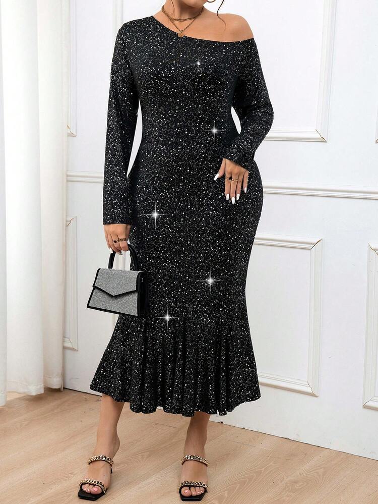 Plus Size Women's Asymmetric Neckline Glitter Fish Tail Dress