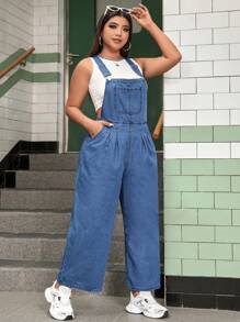 SHEIN EZwear Plus Size Solid Color Denim Overalls With Front Pocket - Medium Wash - View 5