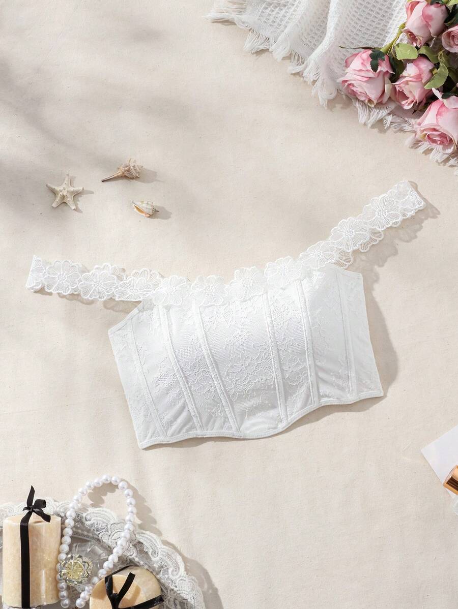 SHEIN Women's All-Season Lace Off Shoulder Basic Top For Layering - White - View 1