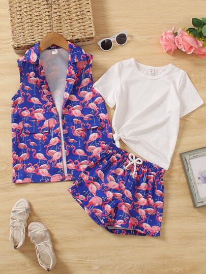 SHEIN Young Girls' Monochromatic Short Sleeve T-Shirt And Flamingo Printed Sleeveless Jacket And Shorts Set