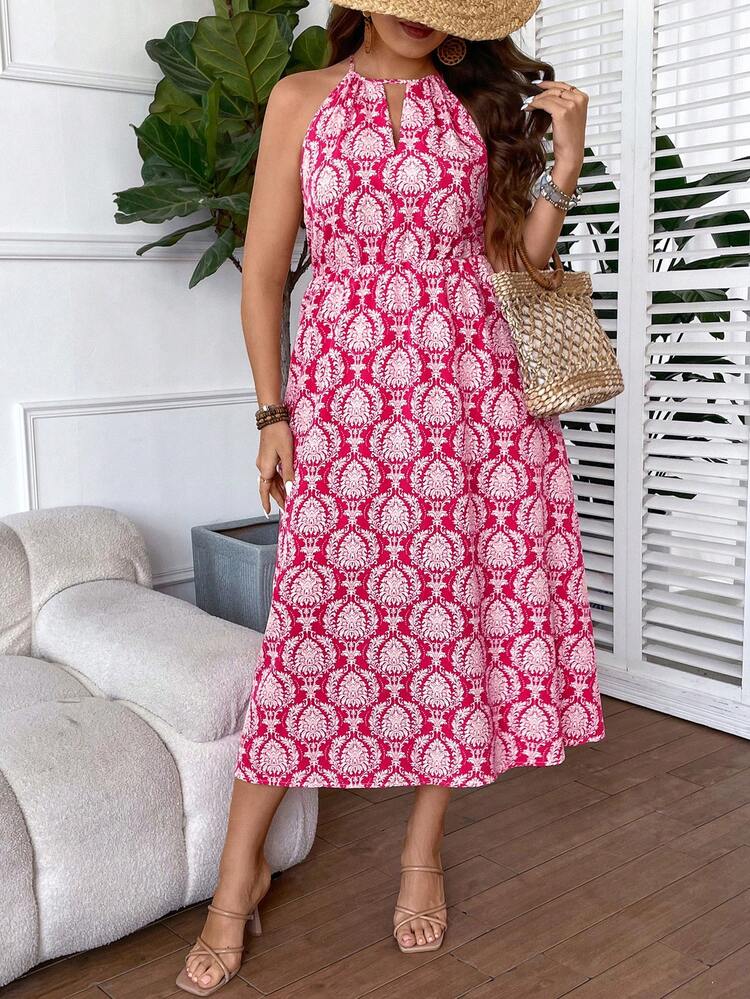 Women's Plus Size Full Print Halter Neck Dress