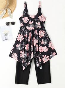 Swim Lushoire Summer Beach Floral Print Round Neck Tankini Set With Ruffled Hem - Multicolor - View 3