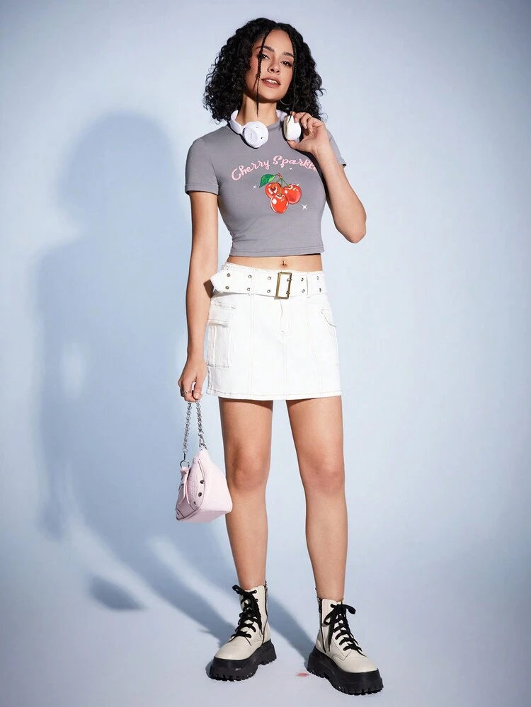 Y2k Casual Short Cropped Slim Fit Cherry Print Women's T-Shirt