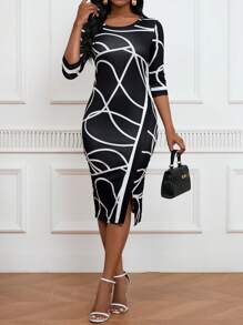 SHEIN Lady Women's All Over Print Round Neck Split Bodycon Dress - Black - View 1