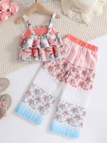 SHEIN 2pcs/Set Young Girl Floral Printed Cami Top And Pants Outfits