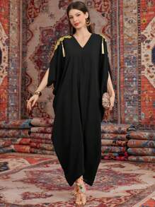 Al Najma Kaftán Con Apliques Bordados Y Decorado Con Borlas - Negro - Ver 8
