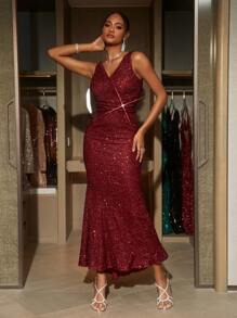SHEIN Belle Đầm dạ hội cổ chữ V đính hạt màu đỏ tía cho nữ - Màu Đỏ Sâu - Xem 5