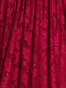 SHEIN Belle 勃艮第红色圆领泡泡袖短袖系带蕾丝花朵连衣裙