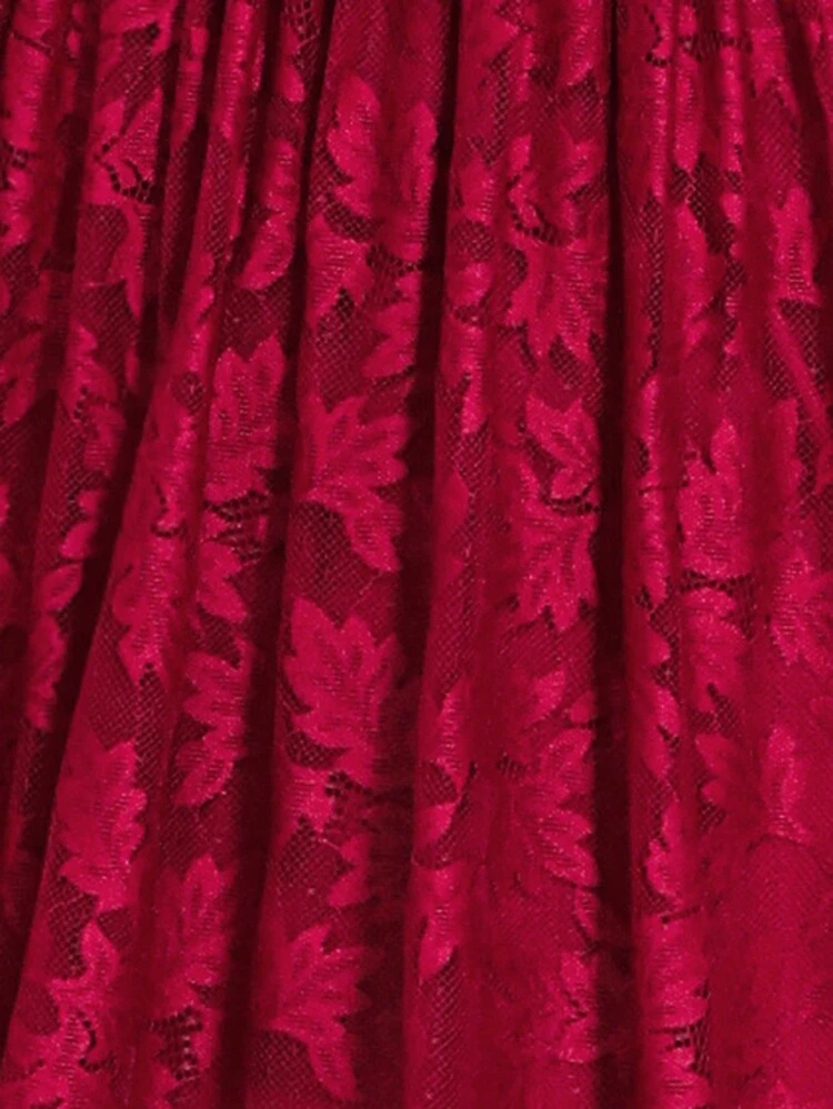 Burgundy Red Round Neck Puff Short Sleeve Belted Lace Flower Dress